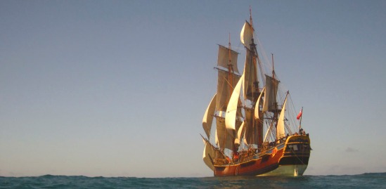 HMB ENDEAVOUR sailing in the Great Australian Bight during her circumnavigation voyage of Australia, January 2012.